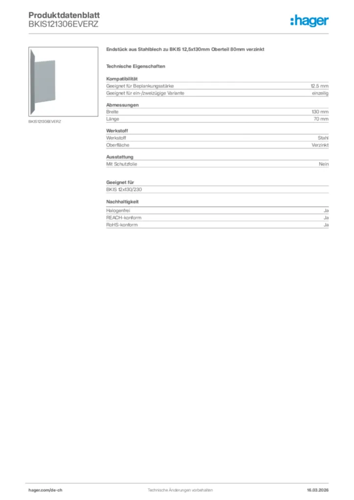 Bild Hager Produktdatenblatt BKIS121306EVERZ | Hager Schweiz