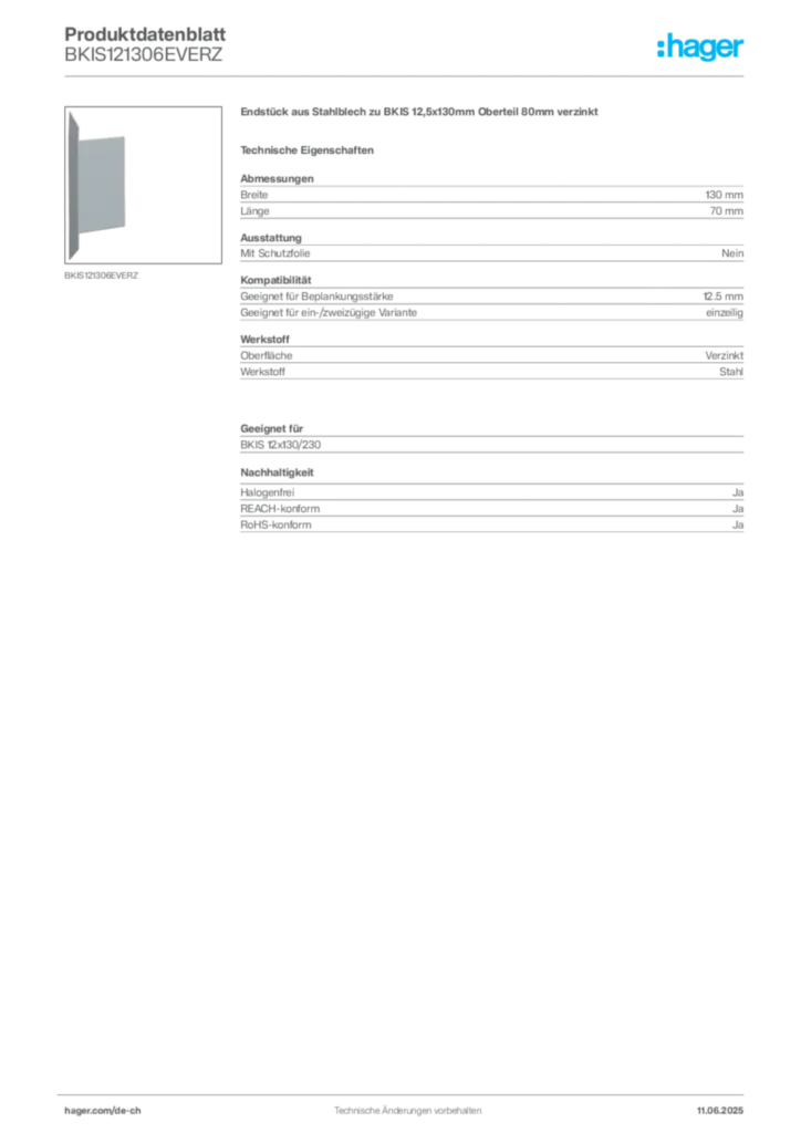 Bild Hager Produktdatenblatt BKIS121306EVERZ | Hager Schweiz