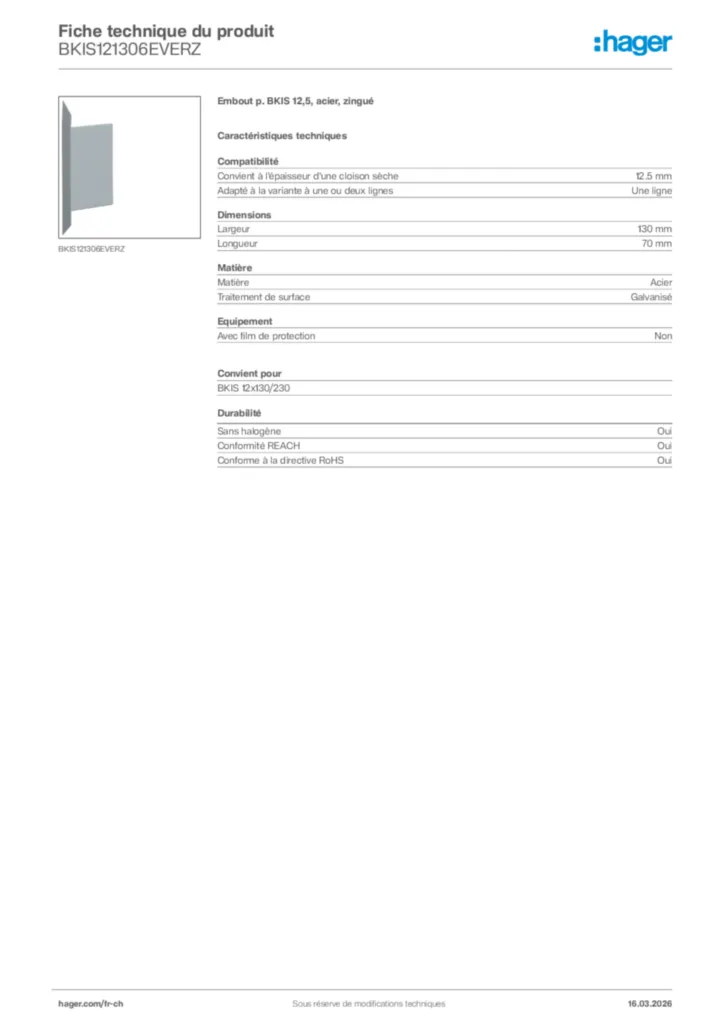 Image Hager Fiche technique du produit BKIS121306EVERZ | Hager Suisse