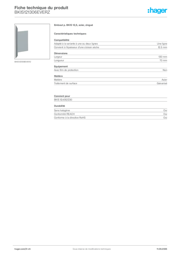 Image Hager Fiche technique du produit BKIS121306EVERZ | Hager Suisse