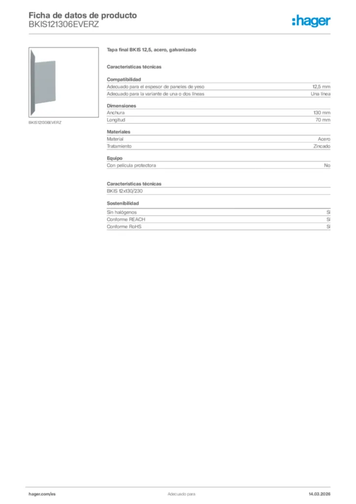 Imagen Hager Ficha de datos de producto BKIS121306EVERZ | Hager España