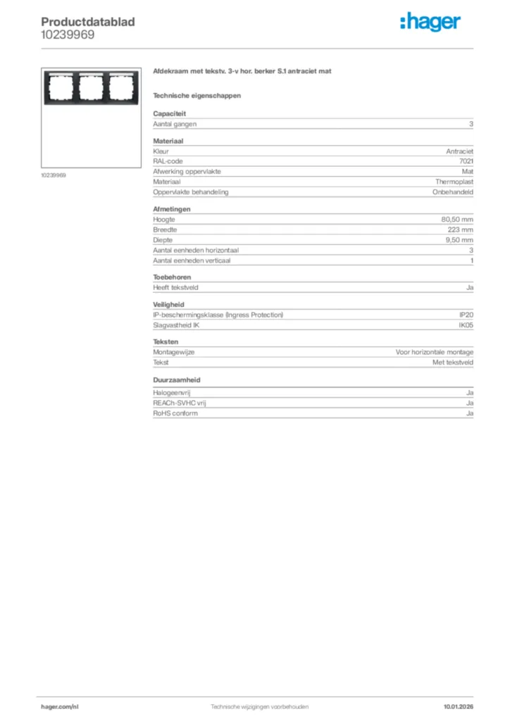 Afbeelding Hager Productdatablad 10239969 | Hager Nederland