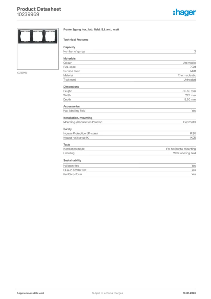Image Hager Product data sheet 10239969  | Hager