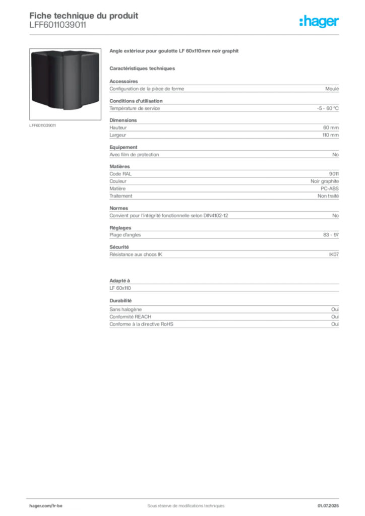 Image Hager Fiche technique du produit LFF6011039011 | Hager Belgique