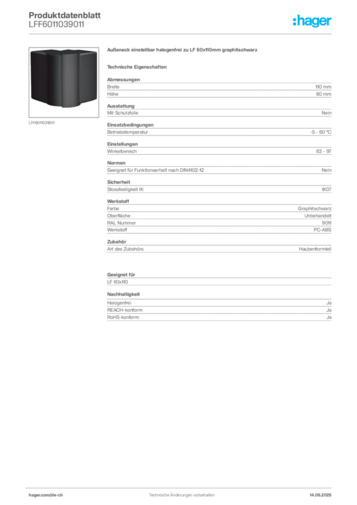 Bild Hager Produktdatenblatt LFF6011039011 | Hager Schweiz