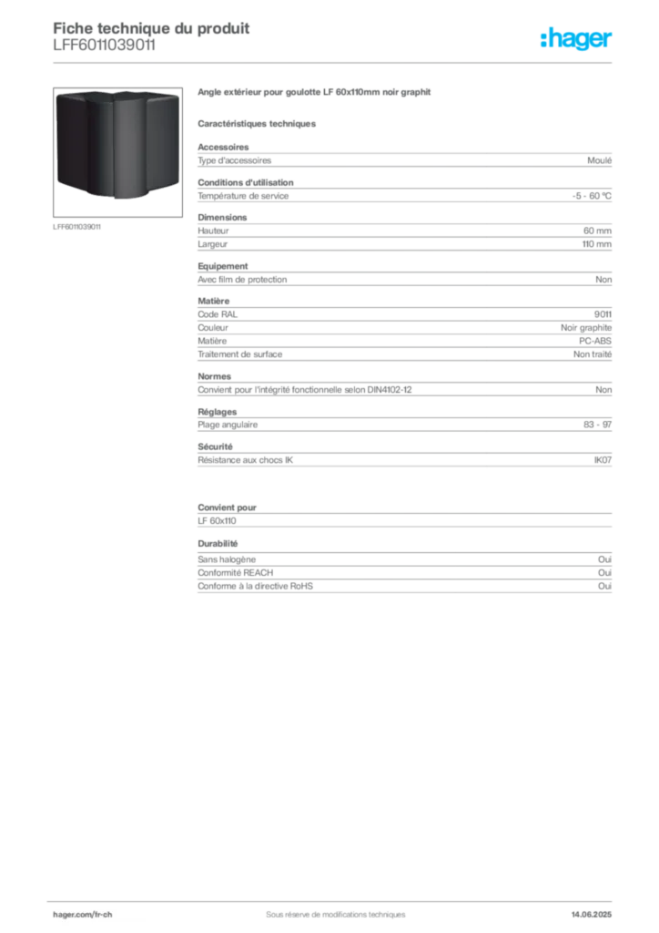 Image Hager Fiche technique du produit LFF6011039011 | Hager Suisse