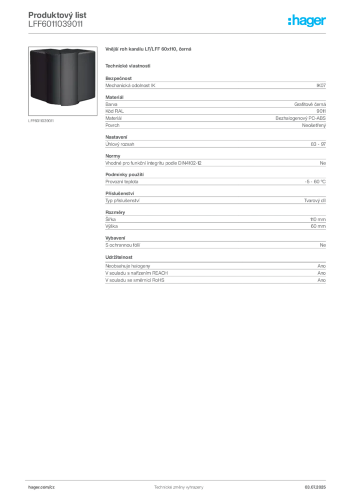 Obrázek Hager Produktový list LFF6011039011 | Hager