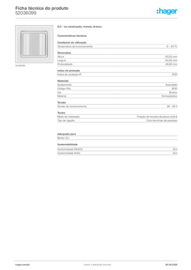 Imagem Hager Ficha técnica do produto 52036099 | Hager Portugal