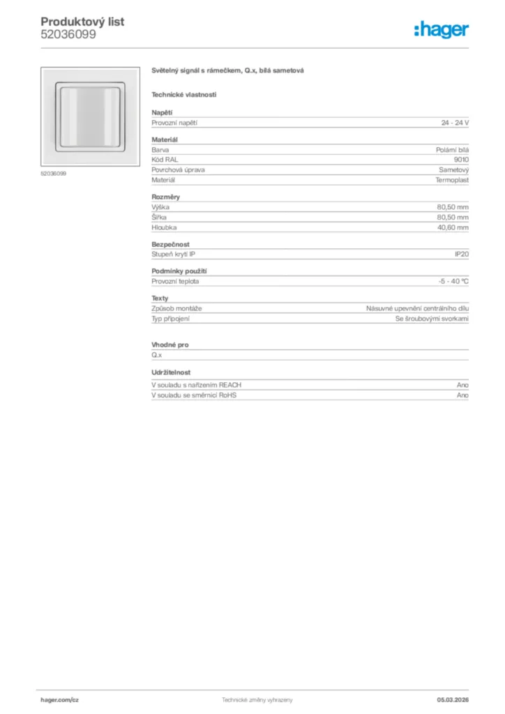 Obrázek Hager Product data sheet 52036099 | Hager