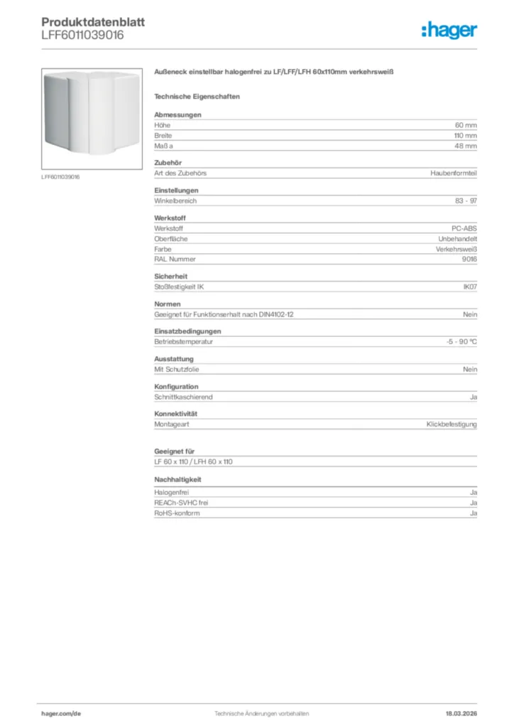 Bild Hager Produktdatenblatt LFF6011039016 | Hager Deutschland