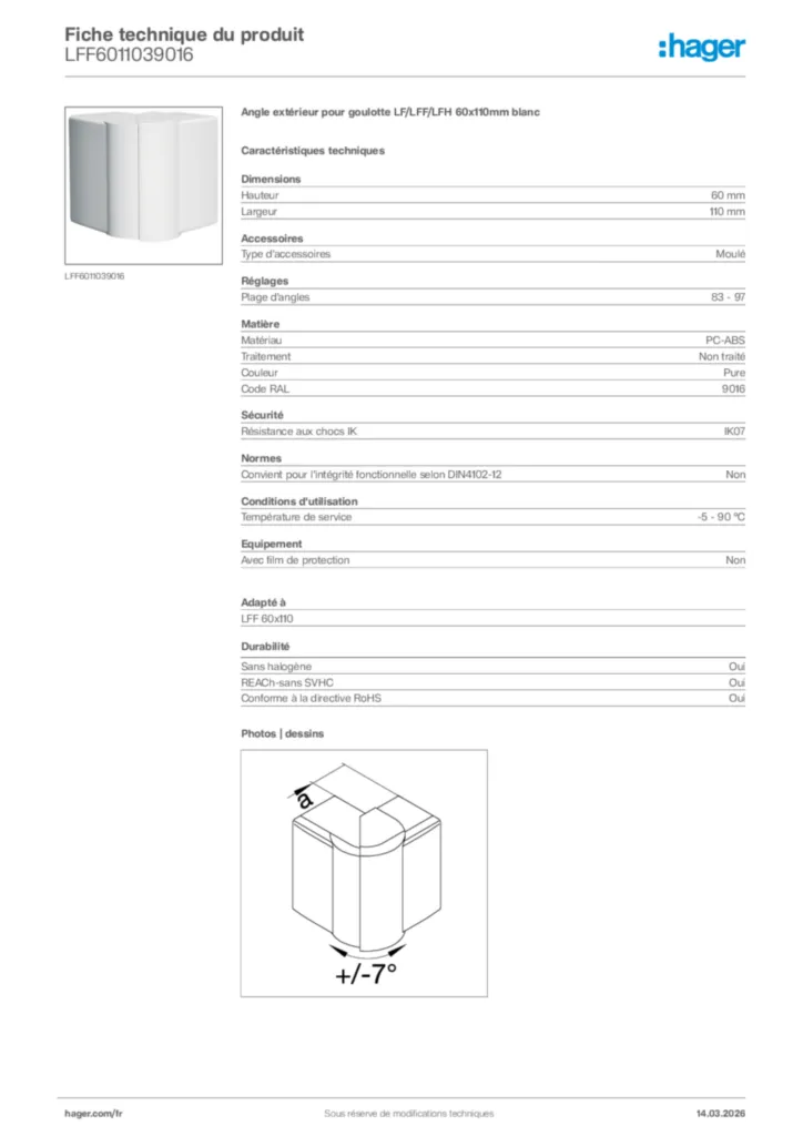 Image Hager Fiche technique du produit LFF6011039016 | Hager France