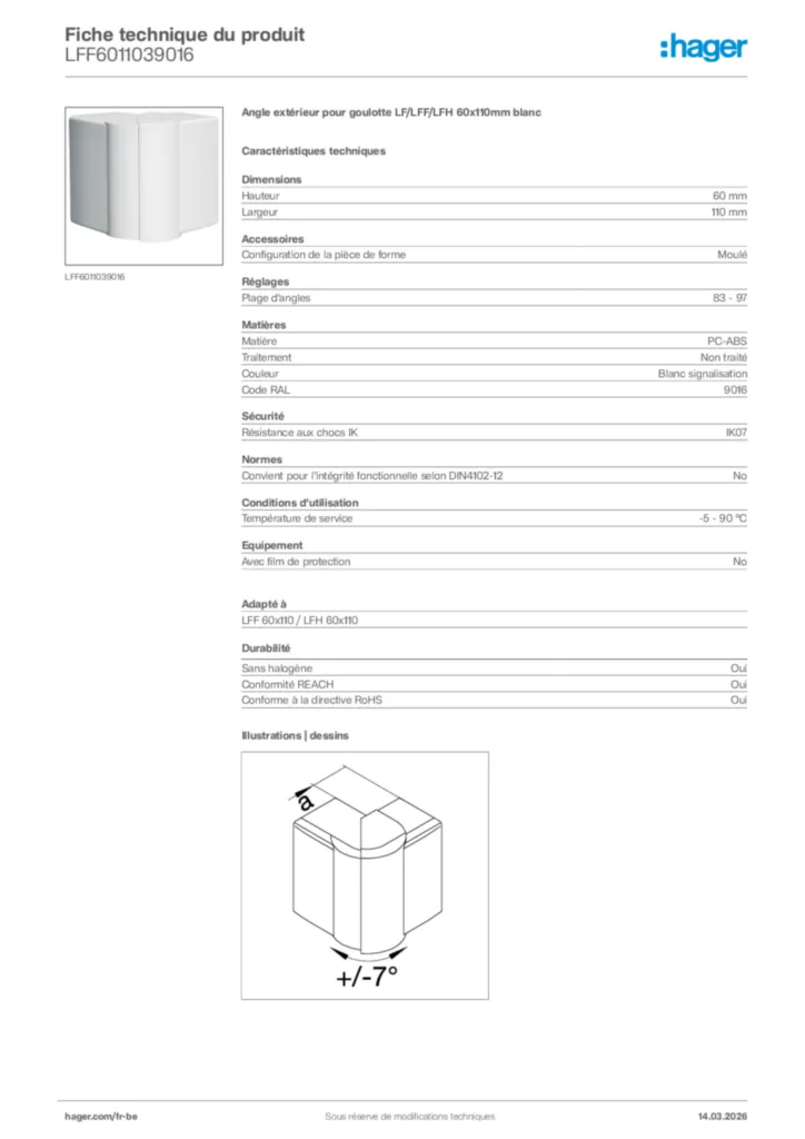 Image Hager Fiche technique du produit LFF6011039016 | Hager Belgique