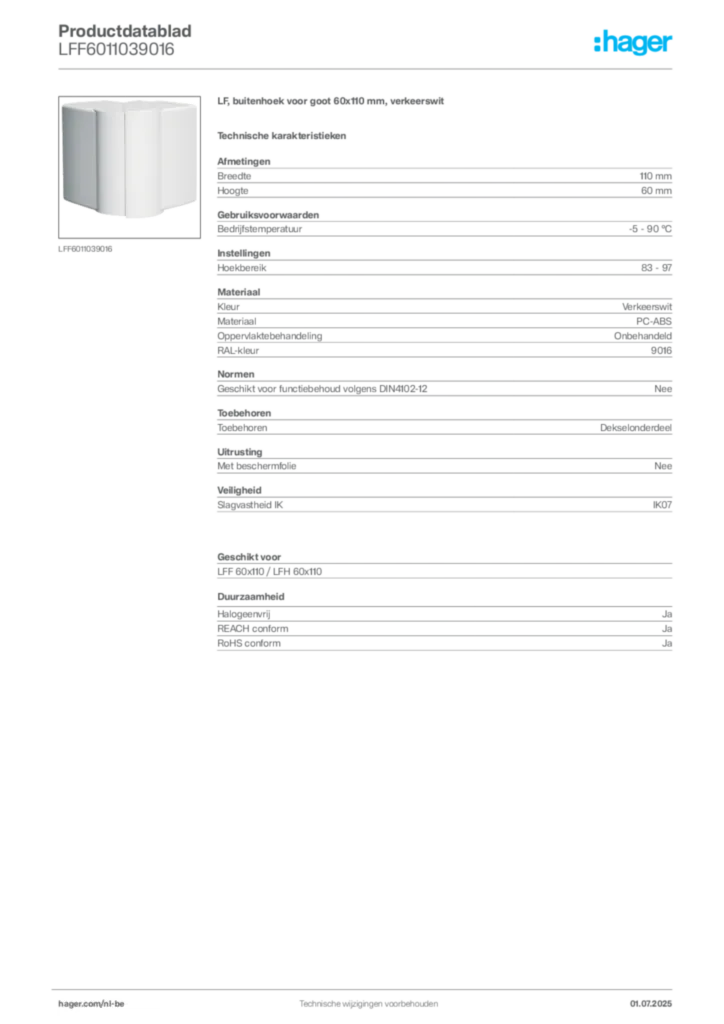 Afbeelding Hager Productdatablad LFF6011039016 | Hager Belgium