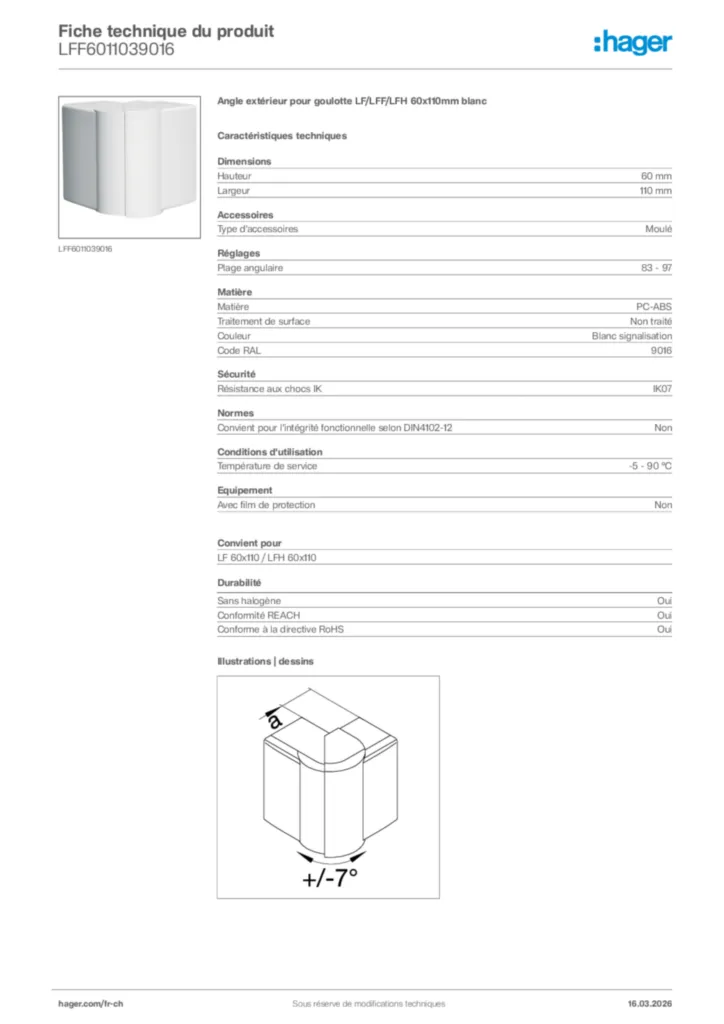 Image Hager Fiche technique du produit LFF6011039016 | Hager Suisse