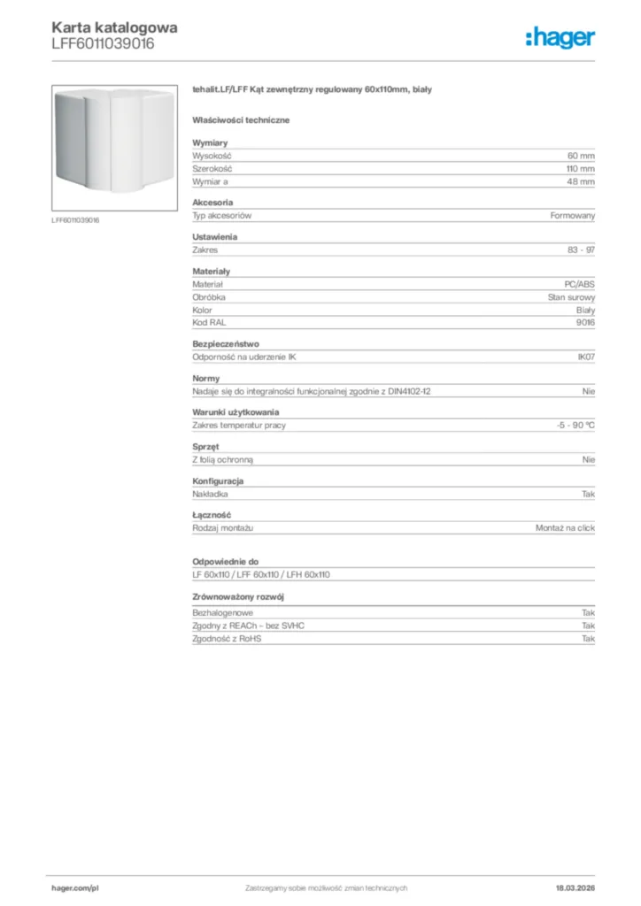 Zdjęcie Hager Karta katalogowa LFF6011039016 | Hager Polska