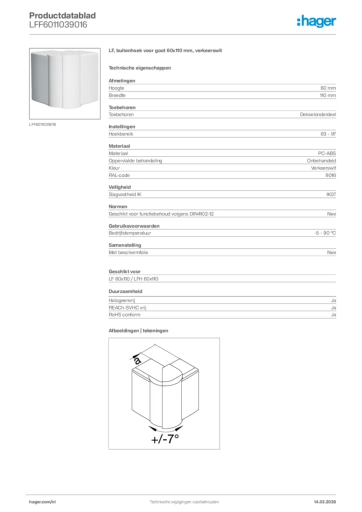 Afbeelding Hager Productdatablad LFF6011039016 | Hager Nederland