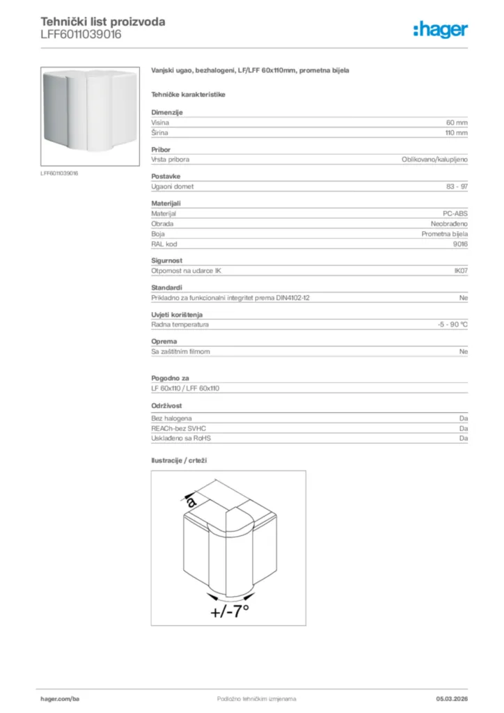 Slika Hager Tehnički list proizvoda LFF6011039016  | Hager