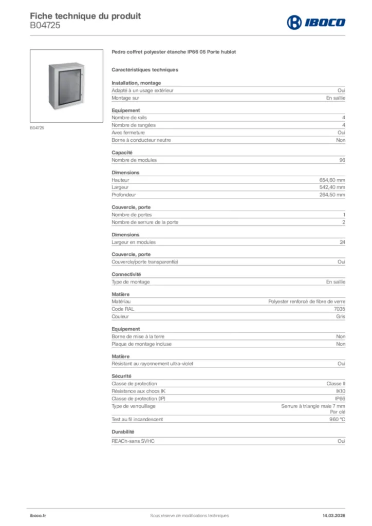 Image Iboco Fiche technique du produit B04725 | Hager France