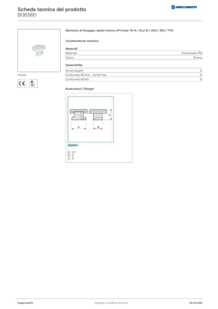 Immagine Bocchiotti Scheda tecnica del prodotto B06560 | Hager Italia