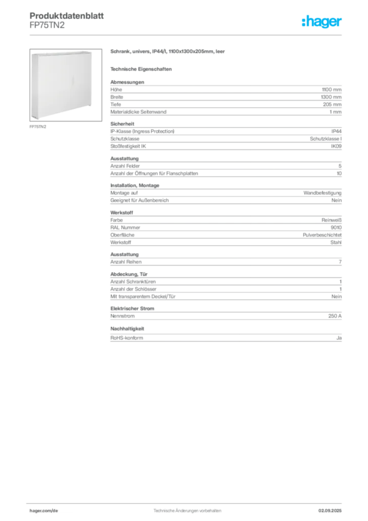 Bild Hager Produktdatenblatt FP75TN2 | Hager Deutschland