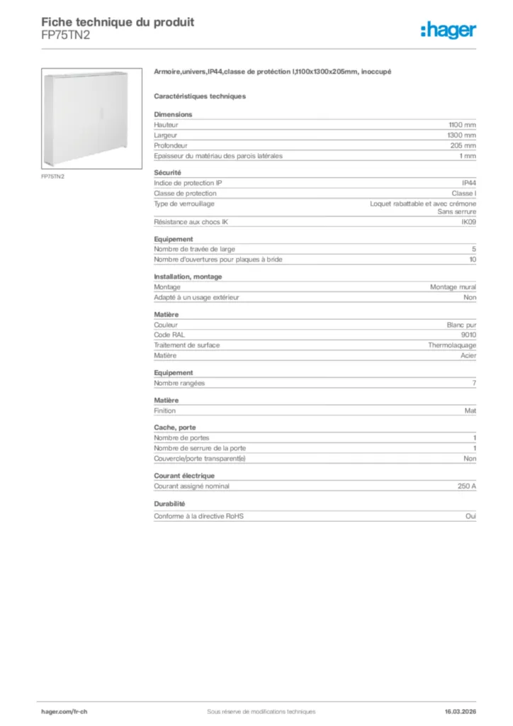 Image Hager Fiche technique du produit FP75TN2 | Hager Suisse