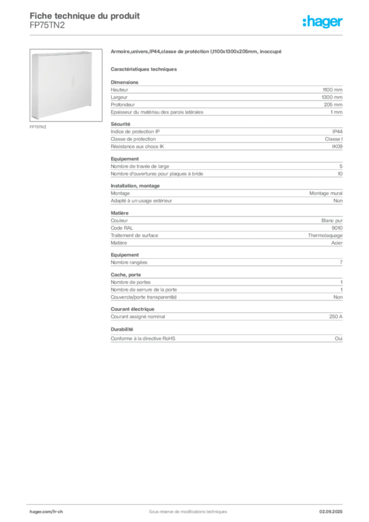 Image Hager Fiche technique du produit FP75TN2 | Hager Suisse