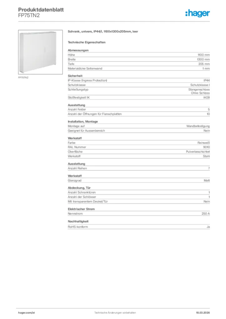 Bild Hager Produktdatenblatt FP75TN2 | Hager Deutschland