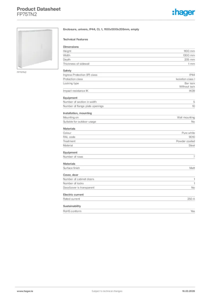 Image Hager Product data sheet FP75TN2  | Hager