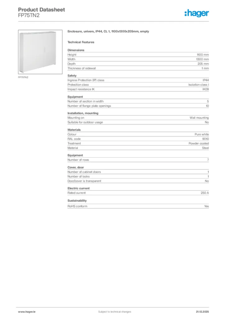 Image Hager Product data sheet FP75TN2  | Hager