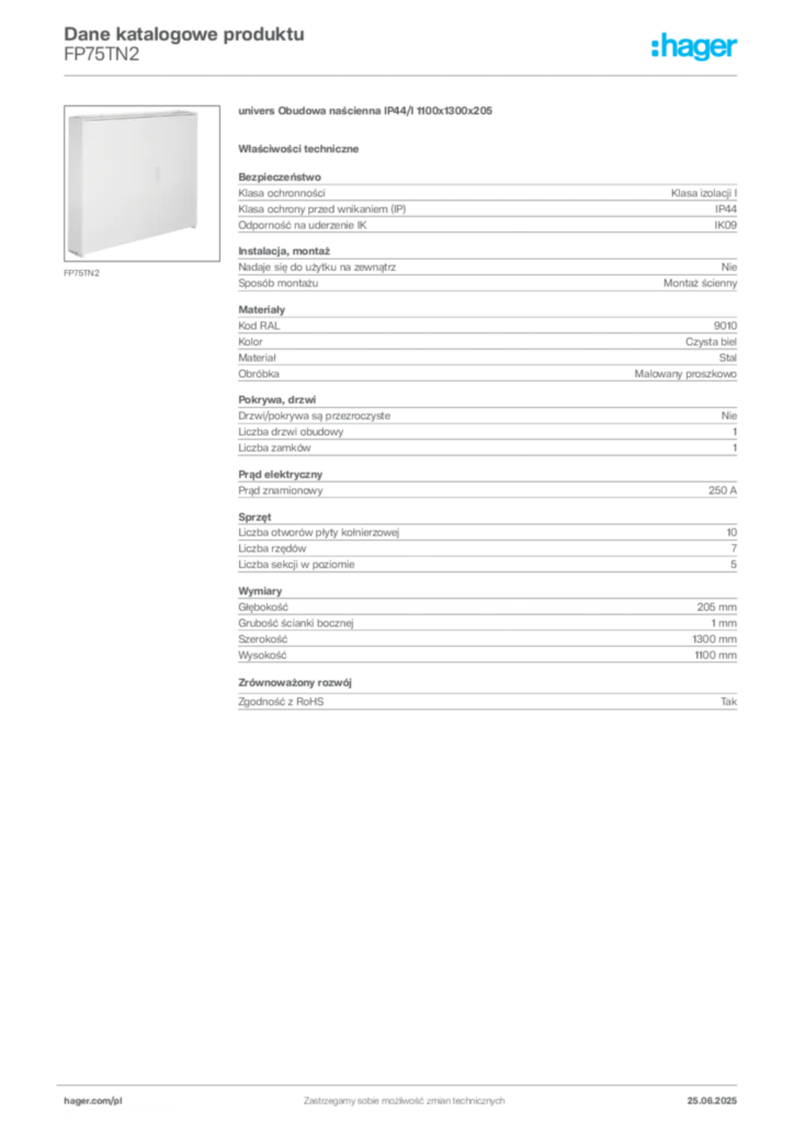 Zdjęcie Hager Dane katalogowe produktu FP75TN2 | Hager Polska