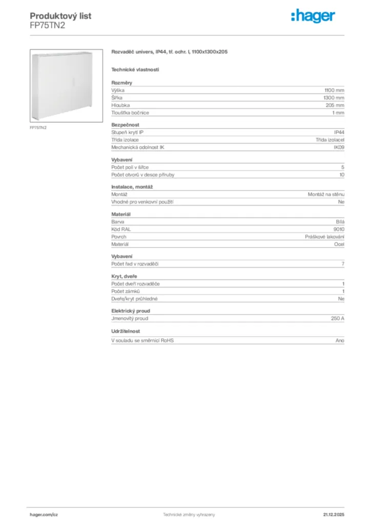 Obrázek Hager Produktový list FP75TN2 | Hager