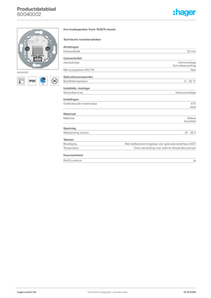 Afbeelding Hager Productdatablad 80040002 | Hager Belgium