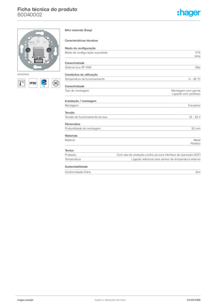 Imagem Hager Ficha técnica do produto 80040002 | Hager Portugal