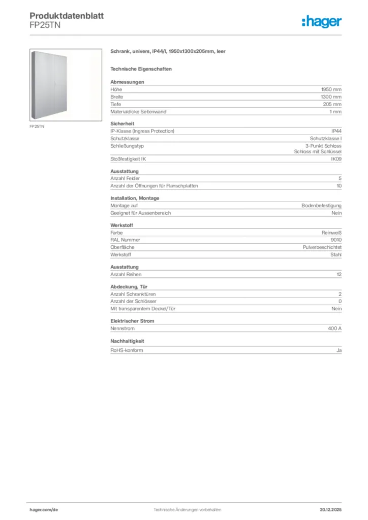 Bild Hager Produktdatenblatt FP25TN | Hager Deutschland
