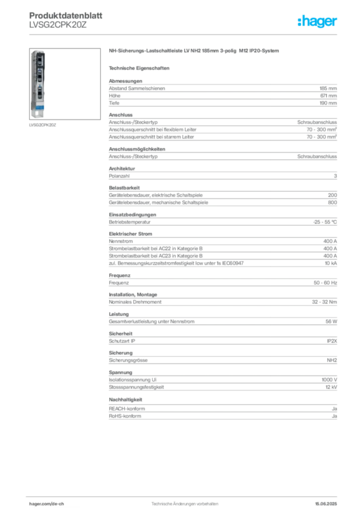 Bild Hager Produktdatenblatt LVSG2CPK20Z | Hager Schweiz