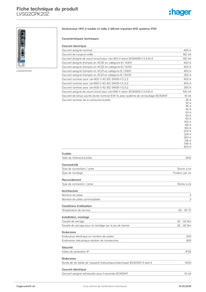 Image Hager Fiche technique du produit LVSG2CPK20Z | Hager Suisse
