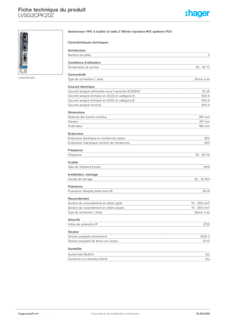 Image Hager Fiche technique du produit LVSG2CPK20Z | Hager Suisse