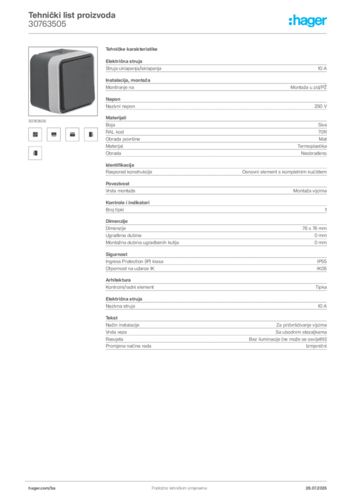 Slika Hager Product data sheet 30763505  | Hager