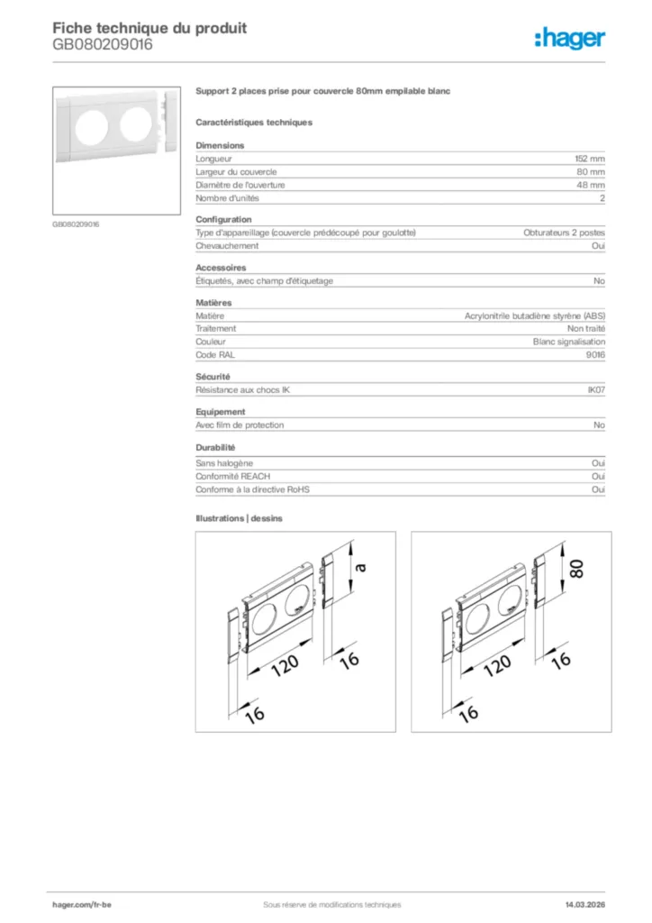 Image Hager Fiche technique du produit GB080209016 | Hager Belgique