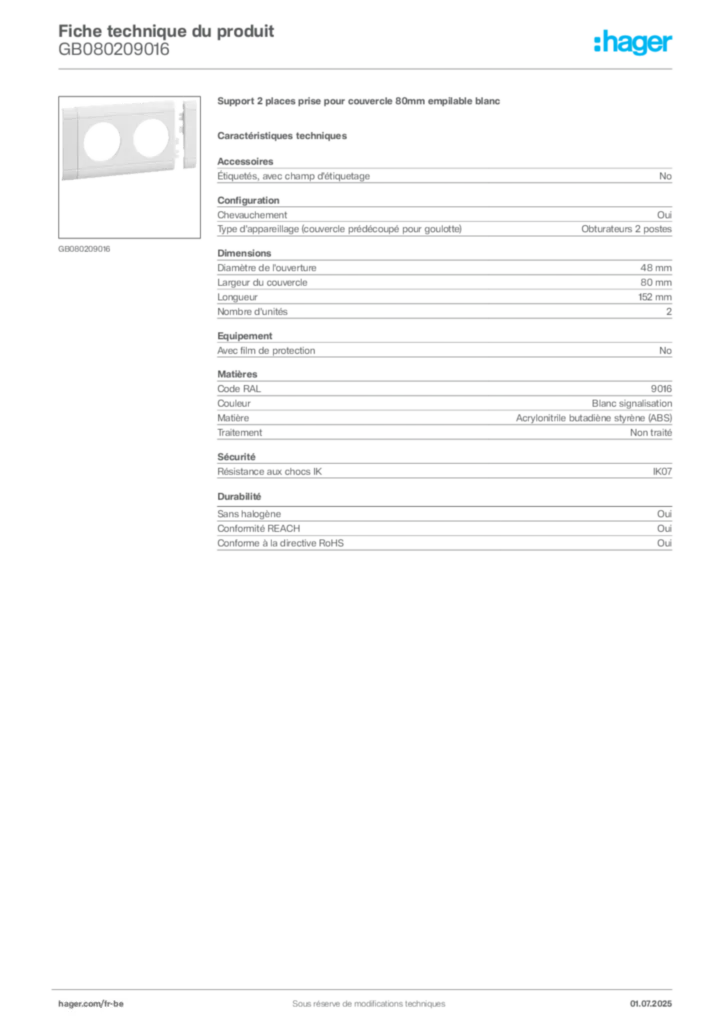 Image Hager Fiche technique du produit GB080209016 | Hager Belgique
