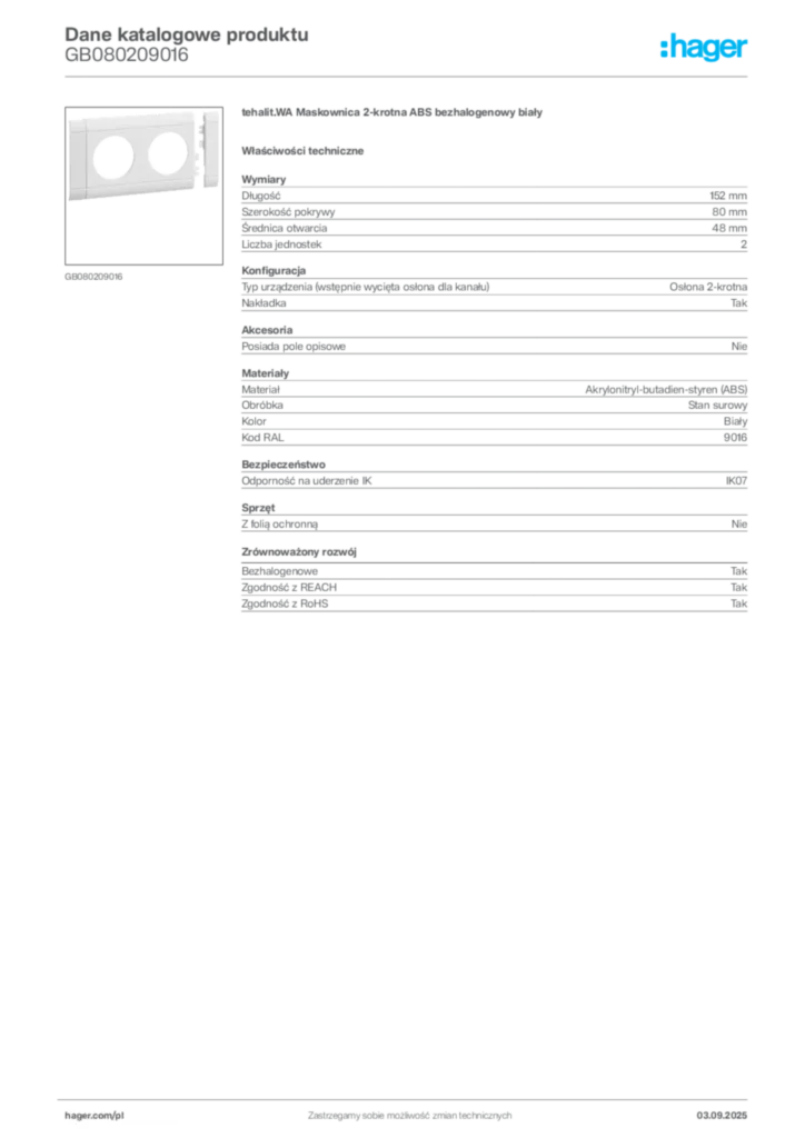 Zdjęcie Hager Dane katalogowe produktu GB080209016 | Hager Polska