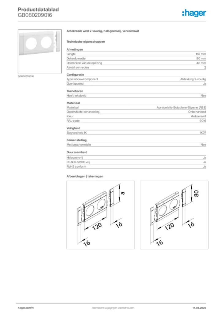 Afbeelding Hager Productdatablad GB080209016 | Hager Nederland