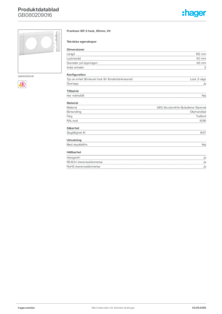 Bild Hager Produktdatablad GB080209016 | Hager Sverige