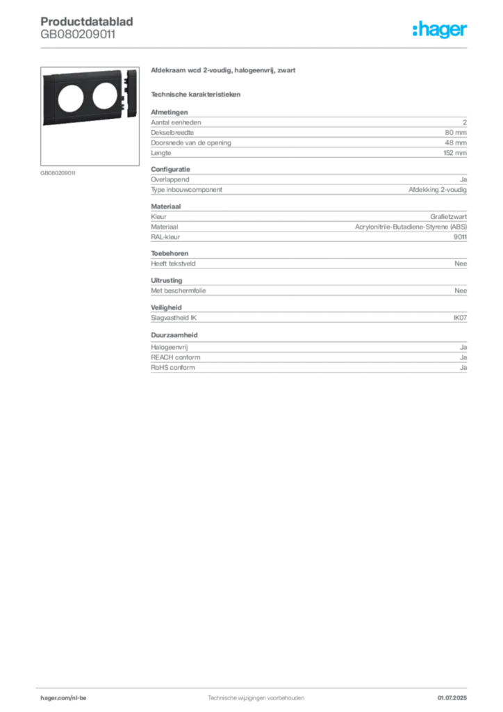 Afbeelding Hager Productdatablad GB080209011 | Hager Belgium