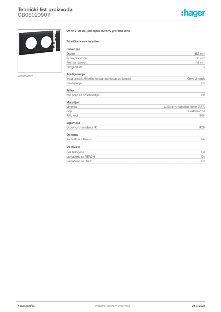 Slika Hager Product data sheet GB080209011  | Hager