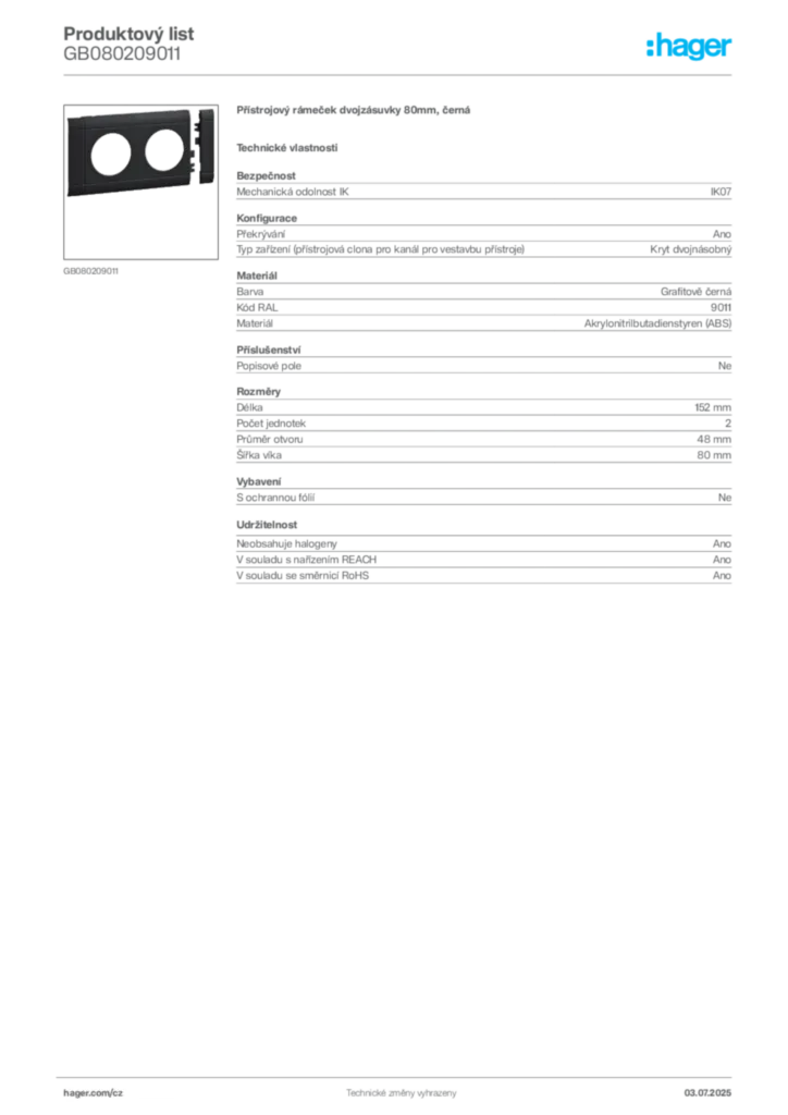 Obrázek Hager Produktový list GB080209011 | Hager