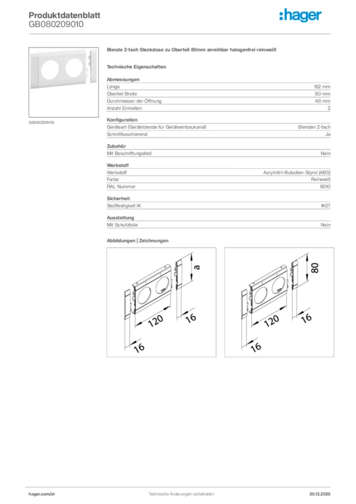 Bild Hager Produktdatenblatt GB080209010 | Hager Deutschland