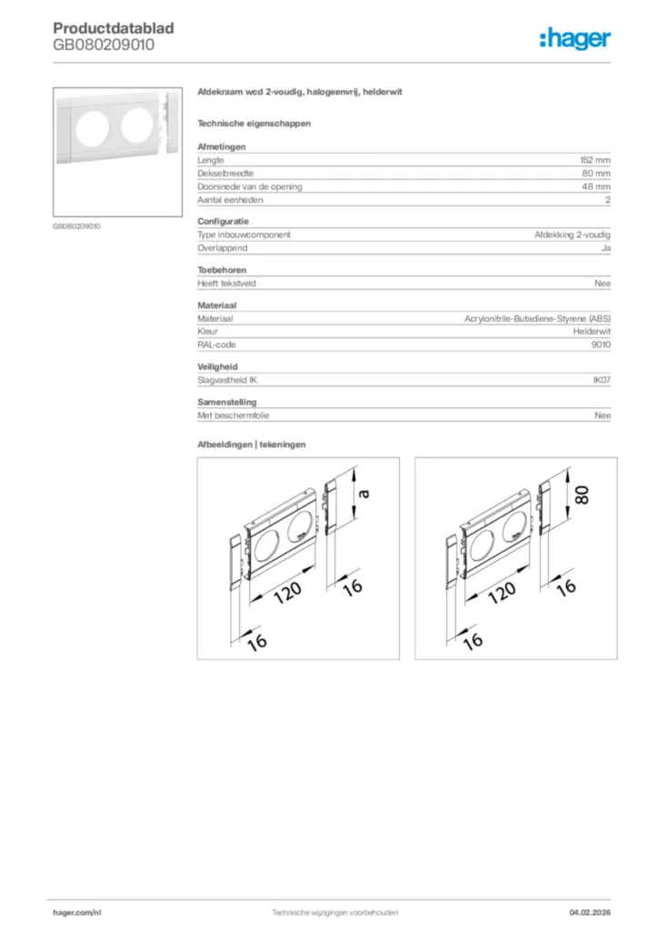 Afbeelding Hager Productdatablad GB080209010 | Hager Nederland