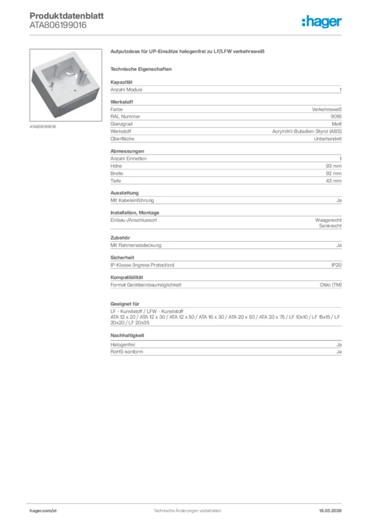 Bild Hager Produktdatenblatt ATA806199016 | Hager Deutschland