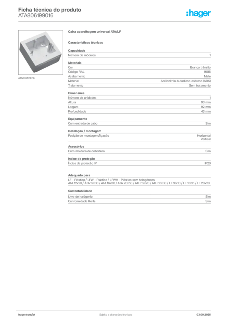 Imagem Hager Ficha técnica do produto ATA806199016 | Hager Portugal